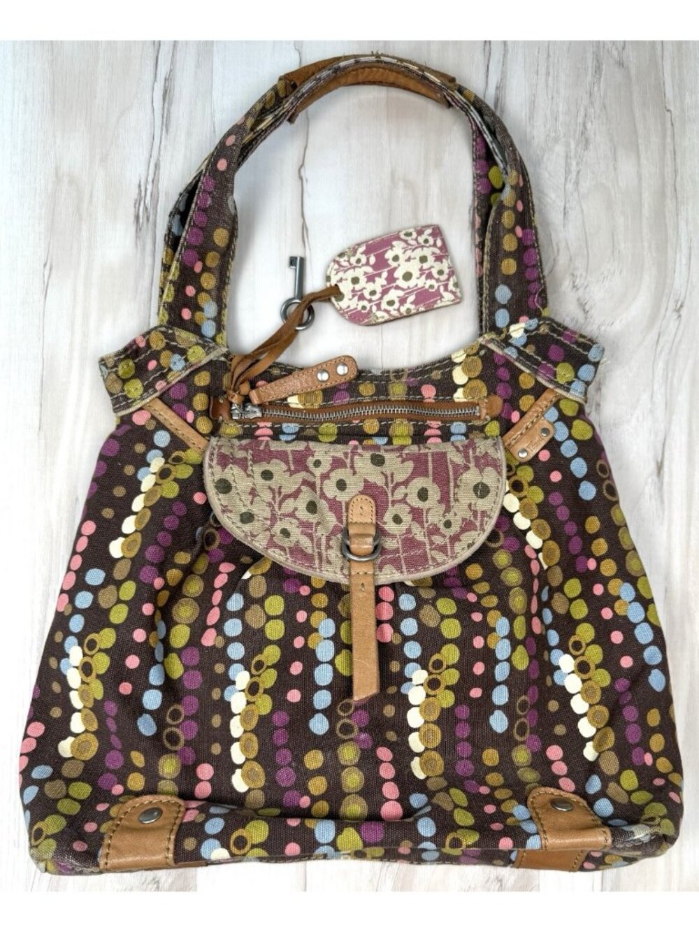 FOSSIL 14"x12"x4" Multicolor Canvas & Leather Polka Dot Bubble Hobo Bag HANDBAG